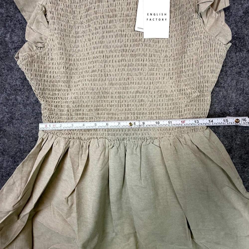 English Factory Mini Dress Womens Medium Beige Smocked Ruffle Neutral Minimalist - Picture 5 of 9